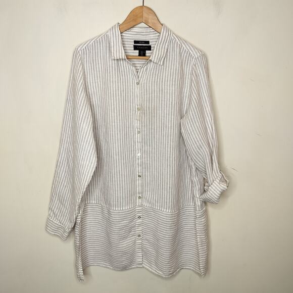 Tahari Linen Button Front Tunic Beige White Stripe Lagenlook Beachy - Picture 1 of 10